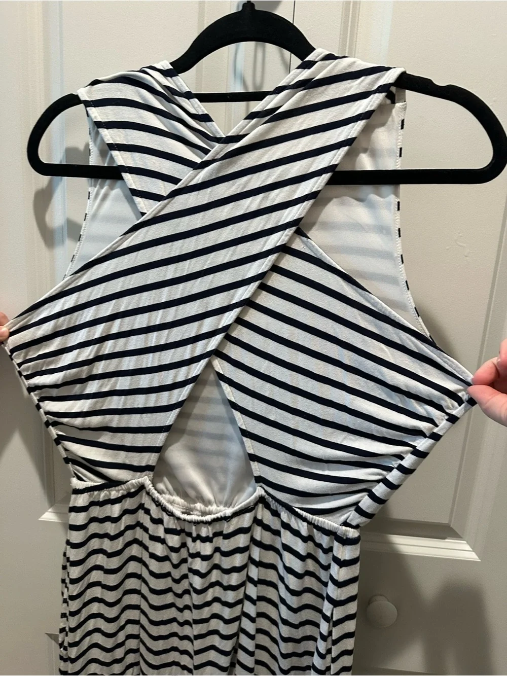 LOFT Black & White Striped Cap-Sleeve cross cross back stretchy Midi Dress